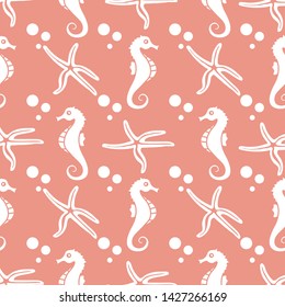 Vector seamless pattern with sea horses, starfish and bubbles. Marine background. Design for textile, banner, poster or print.