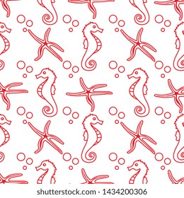 Vector seamless pattern with sea horses, starfish and bubbles. Marine background. Design for textile, banner, poster or print.