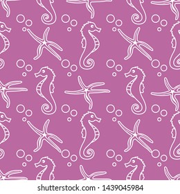 Vector seamless pattern with sea horses, starfish and bubbles. Marine background. Design for textile, banner, poster or print.