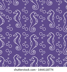 Vector seamless pattern with sea horses and bubbles. Marine background. Design for textile, banner, poster or print.