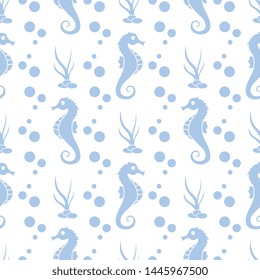 Vector seamless pattern with sea horses, underwater plants and bubbles. Marine background. Design for textile, banner, poster or print.