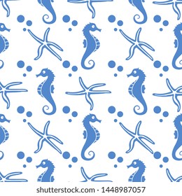 Vector seamless pattern with sea horses, starfish and bubbles. Marine background. Design for textile, banner, poster or print.