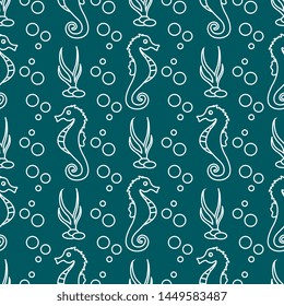 Vector seamless pattern with sea horses, underwater plants and bubbles. Marine background. Design for textile, banner, poster or print.