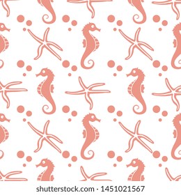 Vector seamless pattern with sea horses, starfish and bubbles. Marine background. Design for textile, banner, poster or print.
