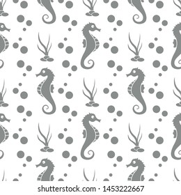 Vector seamless pattern with sea horses, underwater plants and bubbles. Marine background. Design for textile, banner, poster or print.