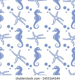 Vector seamless pattern with sea horses, starfish and bubbles. Marine background. Design for textile, banner, poster or print.