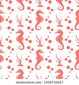 Vector seamless pattern with sea horses, underwater plants and bubbles. Marine background. Design for textile, banner, poster or print.