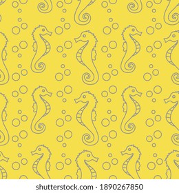 Vector seamless pattern with sea horses and bubbles. Marine background. Design for textile, banner, poster or print. Illuminating and Ultimate Gray.