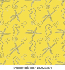 Vector seamless pattern with sea horses, starfish and bubbles. Marine background. Design for textile, banner, poster or print. Illuminating and Ultimate Gray.