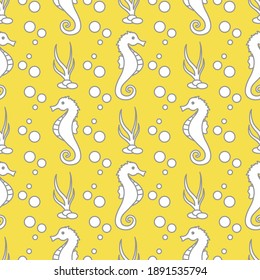 Vector seamless pattern with sea horses, underwater plants and bubbles. Marine background. Design for textile, banner, poster or print. Illuminating and Ultimate Gray.