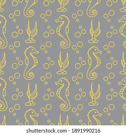 Vector seamless pattern with sea horses, underwater plants and bubbles. Marine background. Design for textile, banner, poster or print. Illuminating and Ultimate Gray.