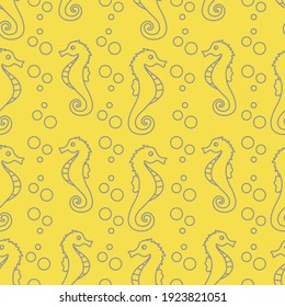 Vector seamless pattern with sea horses and bubbles. Marine background. Design for textile, banner, poster or print. Illuminating and Ultimate Gray.