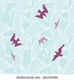 Vector seamless pattern with sea landscape and birds. Wide top view.