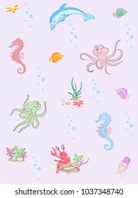 Vector seamless pattern of sea life. Seamless pattern can be used for wallpaper, pattern fills, web page background, surface textures.