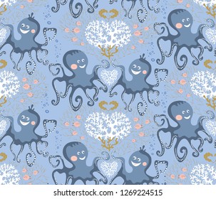 Vector seamless pattern of sea life, cute octopuses and corals on the blue background