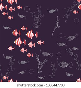 Vector seamless pattern. Sea life, under water. Striped, red and white fishes and sea plants.