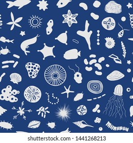 Vector seamless pattern with sea life print. Blue and white endless texture with sea plankton, fish and marine creatures. 