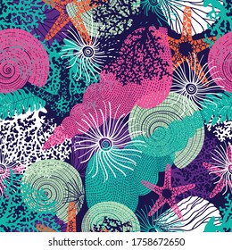 Vector seamless pattern of sea life. Seamless pattern can be used for wallpaper, pattern fills, web page background, surface textures.