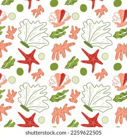 Vector seamless pattern  sea life with fish, seashell, starfish, seaweed. Texture for wrapping paper, fabrics, decor, banners.