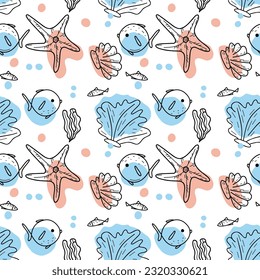 Vector de forma transparente la vida marina con peces, conchas marinas, pez estrella. Textura para envolver papel, telas, decoración, carteles.