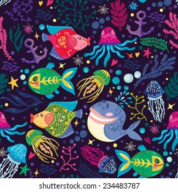 Vector seamless pattern of  sea life, fishes, whale, corals and sea plants in bright colors. Beautiful seamless pattern. Vector backdrop. Use for wallpaper,pattern fills, web page background.