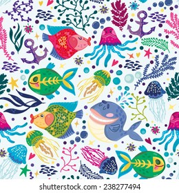 Vector seamless pattern of sea life, fishes, whale, corals and sea plants in bright colors. Beautiful seamless pattern. Vector backdrop. Use for wallpaper,pattern fills, web page background. 