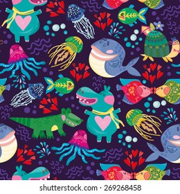 Vector seamless pattern of sea life