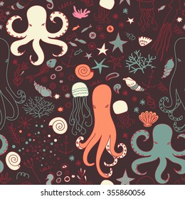 Vector seamless pattern of  sea life, octopus, jellyfish and sea plants in bright colors. Beautiful seamless pattern. Use for wallpaper,pattern fills, web page background, surface design and textile.