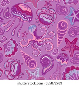 Vector seamless pattern of sea life, crabs, octopus, starfish, medusa, shells in bright colors. Beautiful seamless pattern. Vector backdrop. Use for wallpaper,pattern fills, web page background.