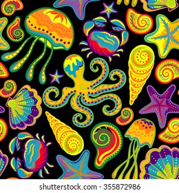 Vector seamless pattern of sea life, crabs, octopus, starfish, medusa, shells in bright colors. Beautiful seamless pattern. Vector backdrop. Use for wallpaper,pattern fills, web page background.