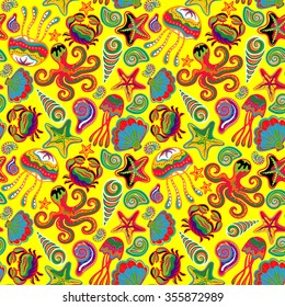 Vector seamless pattern of sea life, crabs, octopus, starfish, medusa, shells in bright colors. Beautiful seamless pattern. Vector backdrop. Use for wallpaper,pattern fills, web page background.