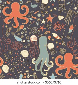 Vector seamless pattern of  sea life, octopus, jellyfish and sea plants in bright colors.  Background for poster, cover booklet, banner, surface design.