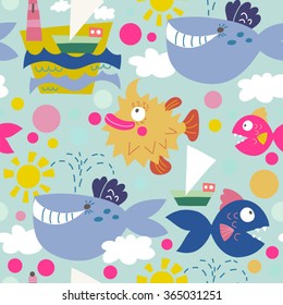 Vector seamless pattern of sea life, fishes, whale, corals and sea plants in bright colors. Beautiful seamless pattern. Vector backdrop. Use for wallpaper,pattern fills, web page background.