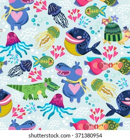 Vector seamless pattern of sea life, fishes, whale, corals and sea plants in bright colors. Beautiful seamless pattern. Vector backdrop. Use for wallpaper,pattern fills, web page background.
