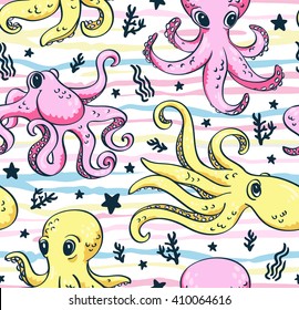 Vector seamless pattern of sea life, octopus and sea plants in bright colors for wallpaper,pattern fills, web page background, ?hildren's fabrics.