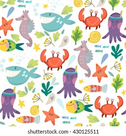 Vector seamless pattern of sea life.