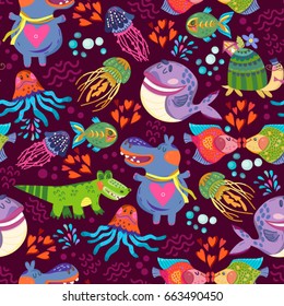 Vector seamless pattern of sea life, fishes, whale, corals and sea plants in bright colors. Beautiful seamless pattern. Vector backdrop. Use for wallpaper,pattern fills, web page background.