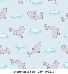 Vector Seamless Pattern of Sea Lion Floating Ice Background for Fashion Wrapping Print Fabric