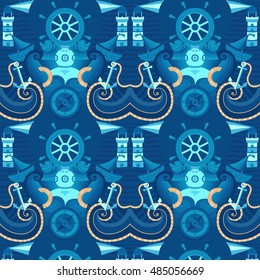 Vector seamless pattern sea. Marine background with helm, lifebuoy, compass, lighthouse, anchor. Template for design banners, postcard, invitation, packaging, fabric, cover, poster, wrapping paper.