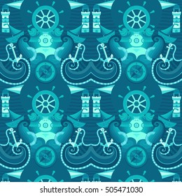 Vector seamless pattern sea. Marine background with helm, lifebuoy, compass, lighthouse, anchor. Template for design banners, postcard, invitation, packaging, fabric, cover, poster, wrapping paper.