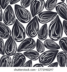 Vector seamless pattern. Sea mussel, black seed, abstract grain. Hand drawn sketch, black illustration on white background. Cereal graphic print. Marine food