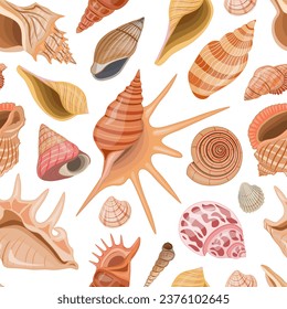 Vector seamless pattern with sea or ocean theme. Wallpaper with colorful seashells and undersea world on a white background.