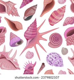 Vector seamless pattern with sea or ocean theme. Wallpaper with colorful seashells and undersea world on a white background.