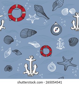 Vector seamless pattern with sea and ocean elements