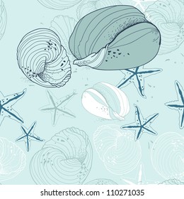 vector seamless pattern with sea shells and sea stars