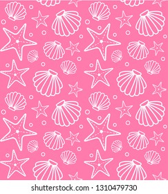 Vector Seamless Pattern Of Sea Shells And Star Fish Isolated On Pastel Pink Background 