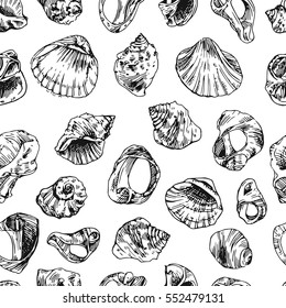 Vector seamless pattern  with sea shells. Drawing by hand. Sketch style. Use for posters, postcards, print for t-shirt, tattoo.