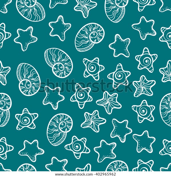 Vector seamless pattern with sea shells and\
sea stars. Doodle and bright sea pattern. Beautiful sketch texture.\
Sketch pattern on cyan\
background.