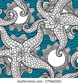 Vector seamless pattern with sea stars. Abstract decorative illustration. May be used in textile, packing, decor. Seabed illustration. Exotic tropical design.