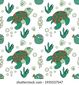Vector seamless pattern with sea turtle. Green shades of color. Puffer